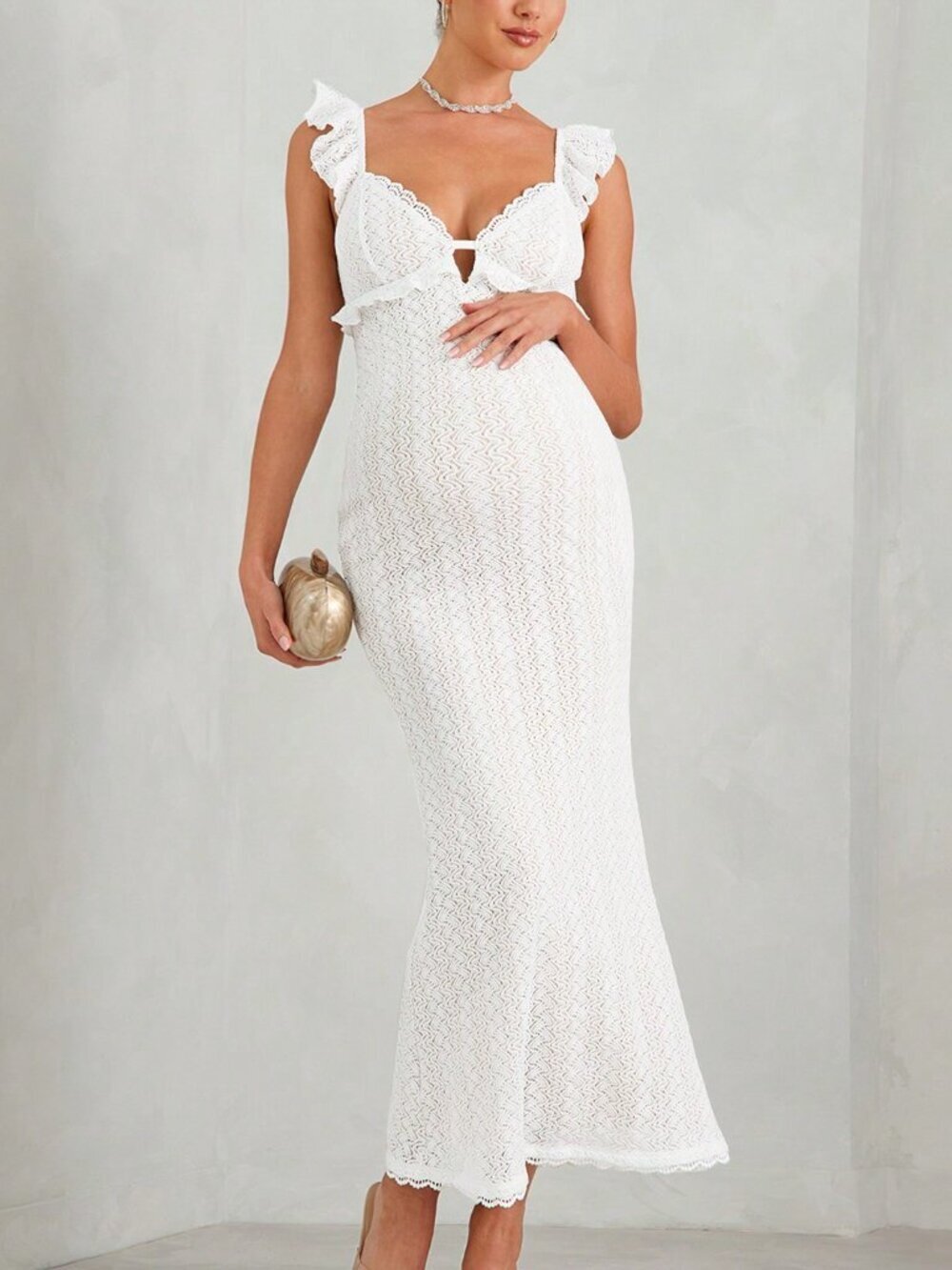 White Elegant Maternity Crochet Off-Shoulder Dress
